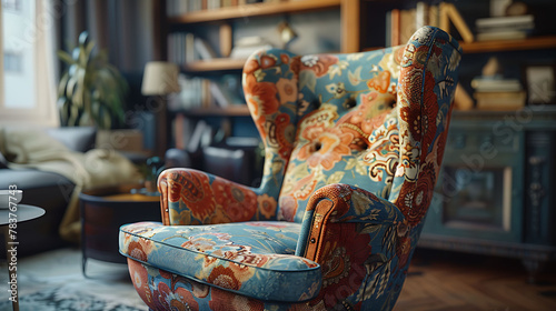 Close-up of a patterned accent chair in a reading nook, modern interior design, scandinavian style hyperrealistic photography