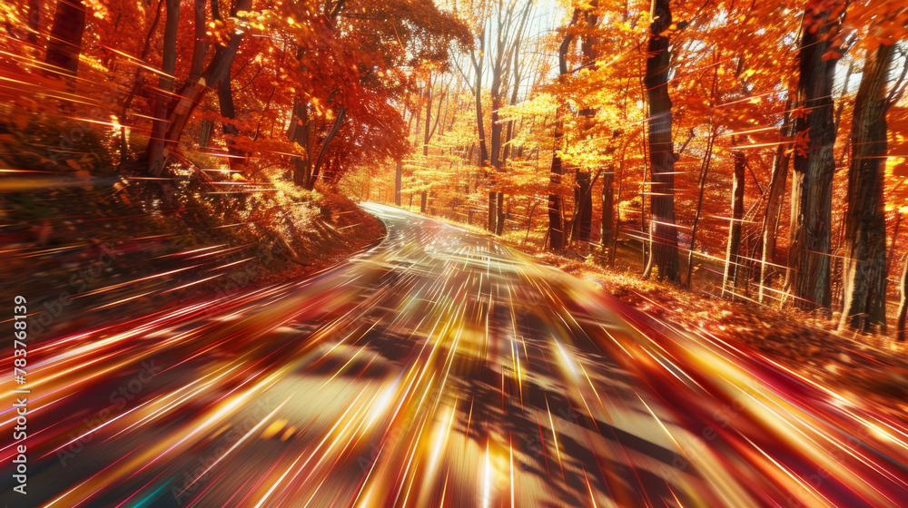 Dynamic image of a road in an autumnal forest showcasing beautiful fall colors and light trails due to the long exposure