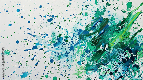 Green and blue paint splashes on a white canvas.