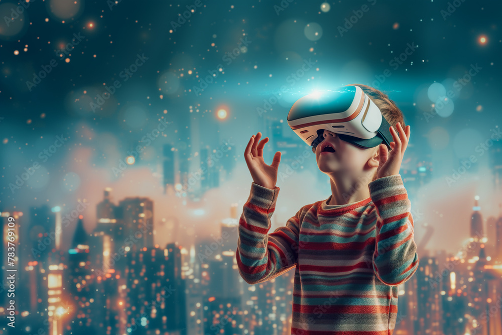 Happy boy with VR virtual reality glasses. Futuristic lifestyle, metaverse technology concept Happy boy with VR virtual reality glasses. Futuristic lifestyle, metaverse technology concept