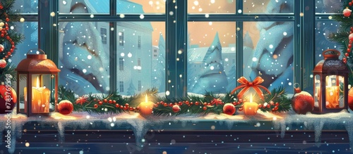 In a cozy Swedish home, Christmas decorations including candles adorn the windowsill beautifully photo