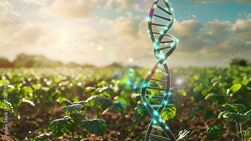 A 3D holographic projection of a DNA strand within a crop field, symbolizing the genetic enhancement of plants, with copy space