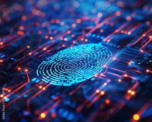 Glowing blue fingerprint on circuit board symbolizing cyber security and data encryption.