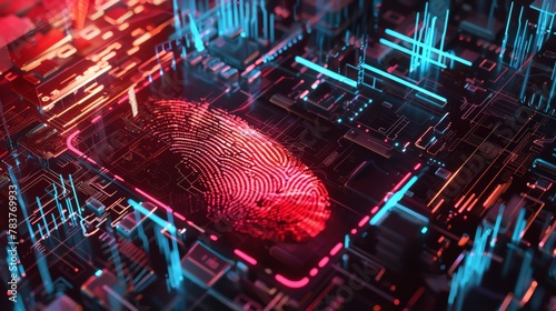 A red fingerprint scan over a futuristic circuit board. © pprothien