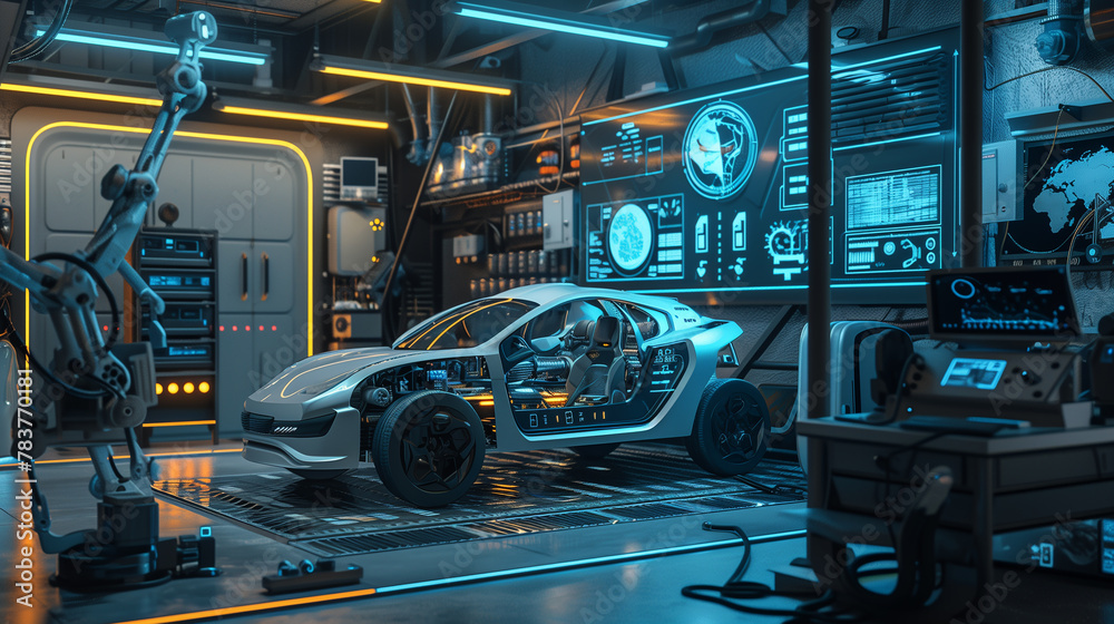 Two cars are racing in a futuristic factory. The cars are blue and black, and they are surrounded by neon lights. Scene is energetic and futuristic Two cars are racing in a futuristic factory. The cars are blue and black, and they are surrounded by neon lights. Scene is energetic and futuristic