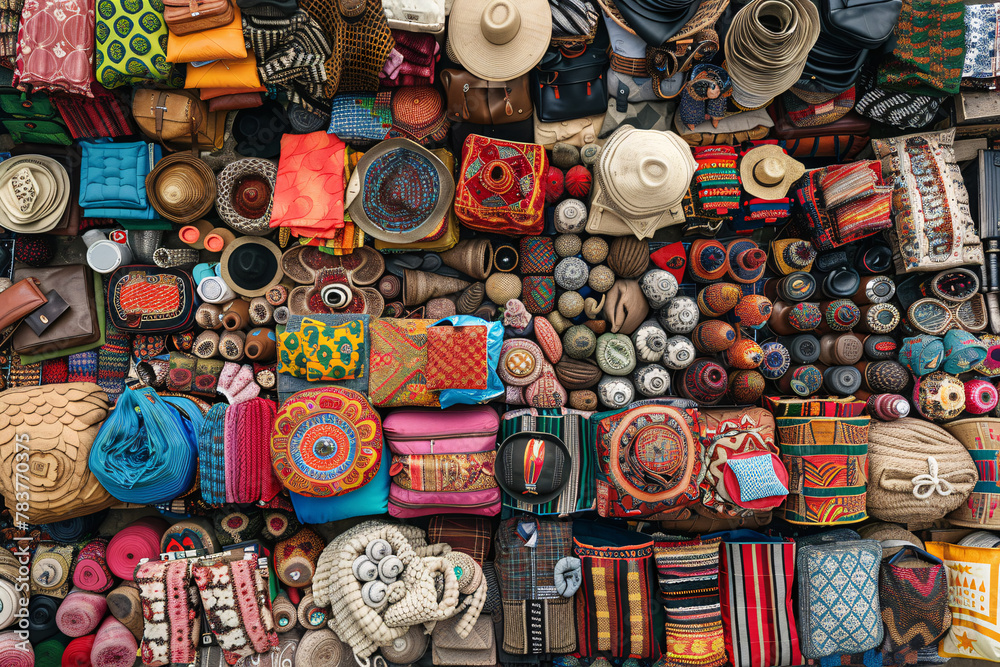 Fototapeta premium Colorful Market Decor: Handmade pottery, carpets, and crafts create a vibrant scene in bustling bazaar