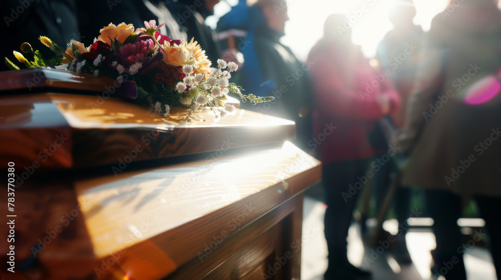 Coffin decorated with flowers during funeral viewing Coffin decorated with flowers during funeral viewing