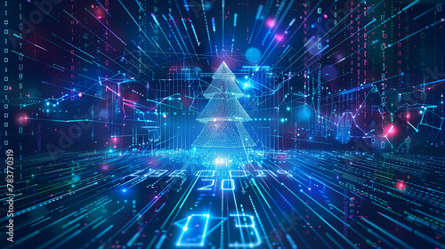 A blue and purple image of a Christmas tree with the year 2013 on it. The image is a computer-generated design and he is a futuristic cityscapev