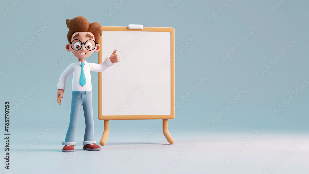 Cheerful male 3D character giving a thumbs up next to a blank whiteboard. Cheerful male 3D character giving a thumbs up next to a blank whiteboard.