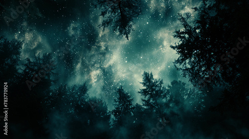 Unreal starry night in dark forest photo