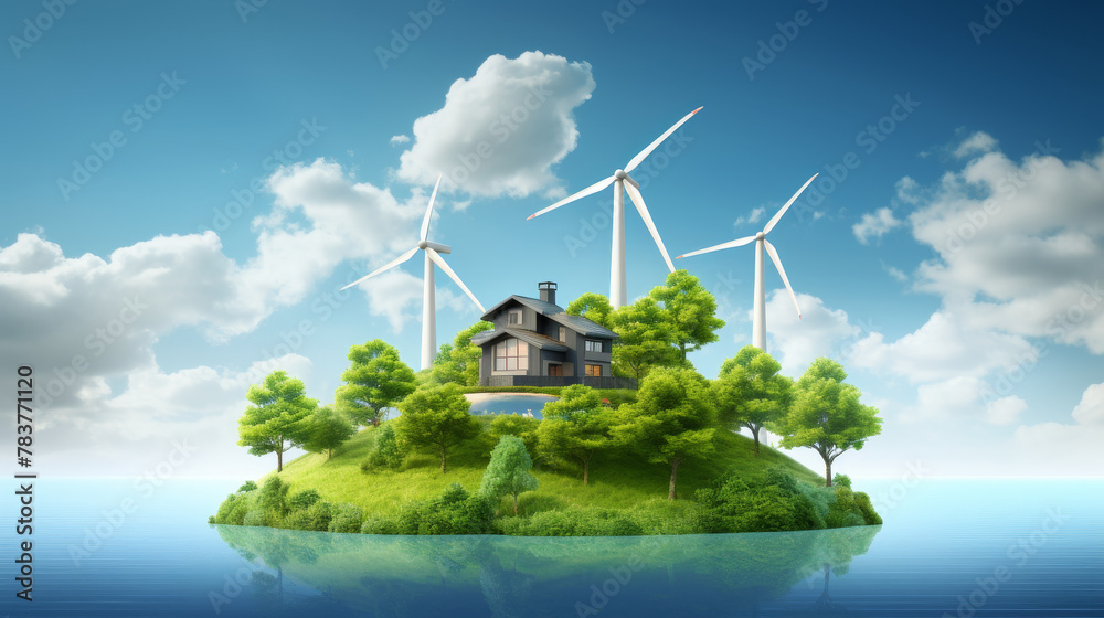 Small island with a house and wind turbines, green energy