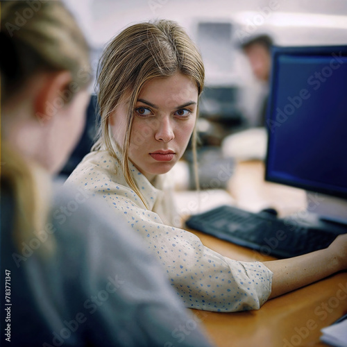 A young woman looks over her shoulder with a suspicious expression in an office environment.
