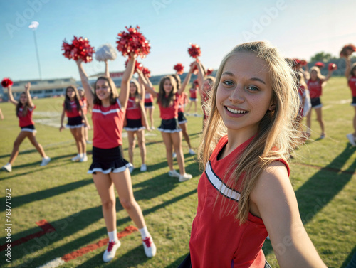 A pretty cheerleader takes a selfie with her squad on the football field.