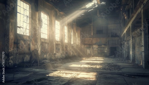 Sunrays streaming through vintage factory windows. Abandoned industrial space concept