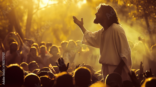 Jesus Christ preaching, crowd of listeners around him photo