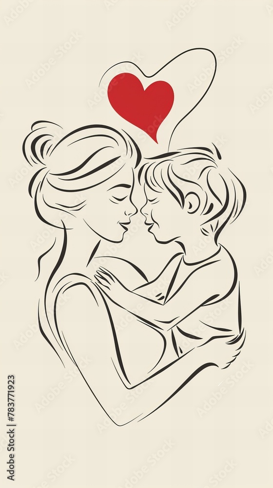 Mother and child line art with heart. Simple and emotional design concept for Mother's Day