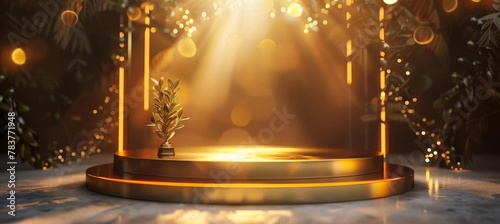 Gold podium on dark background with Gold Particles. Empty pedestal for award ceremony. Platform illuminated by spotlights