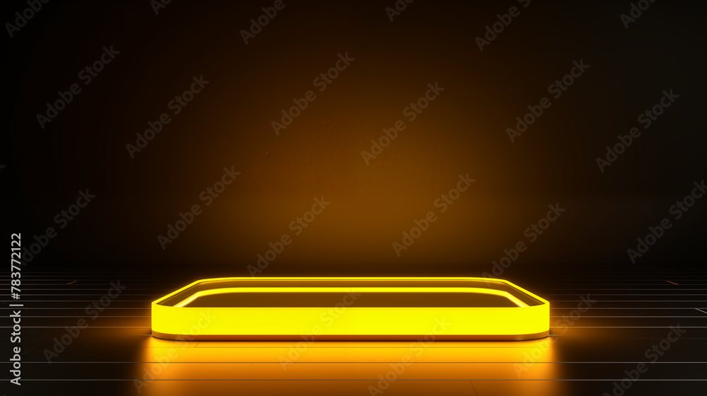 A circular presentation area lit with yellow neon lights. A circular presentation area lit with yellow neon lights.