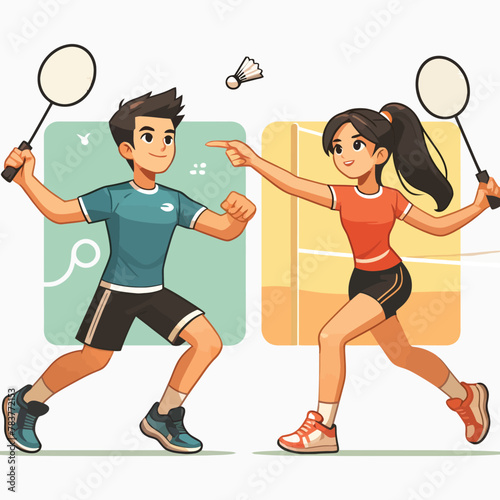 couple playing badminton in flat design illustration