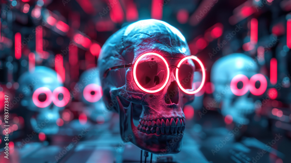 Psychedelic cybernetic skulls with neon glowing eyes Psychedelic cybernetic skulls with neon glowing eyes