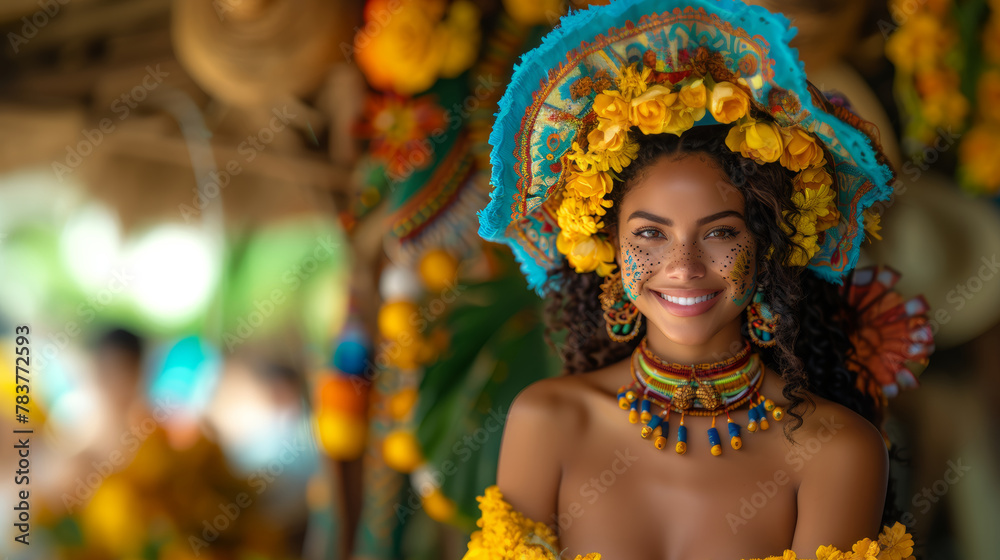 Vibrant, color-rich portrait of a young woman celebrating Festa Junina. She is adorned with a floral hat, tribal jewelry, and festive makeup.