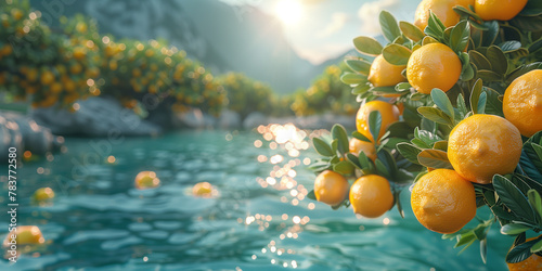 A tree bursting with lemons stands next to a body of water banner copy space photo