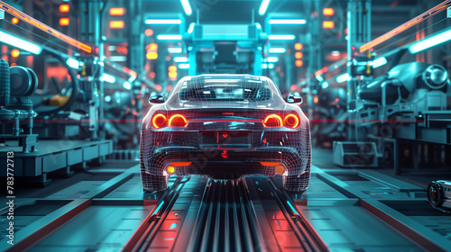 A futuristic car is being built in a factory. The car is made of metal and has a sleek design. The factory is filled with machines and workers, all focused on creating the perfect car