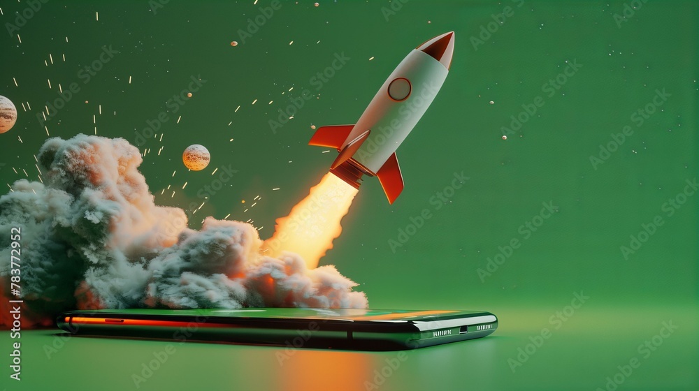 Rocket launch from a smartphone concept. Innovation and technology theme for mobile,