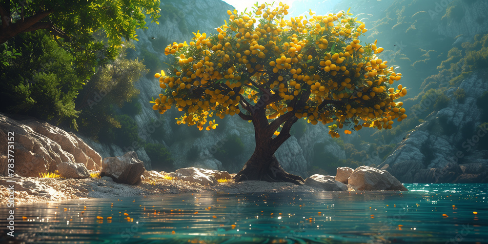 A lemon tree is positioned in the center of a body of water banner A lemon tree is positioned in the center of a body of water banner