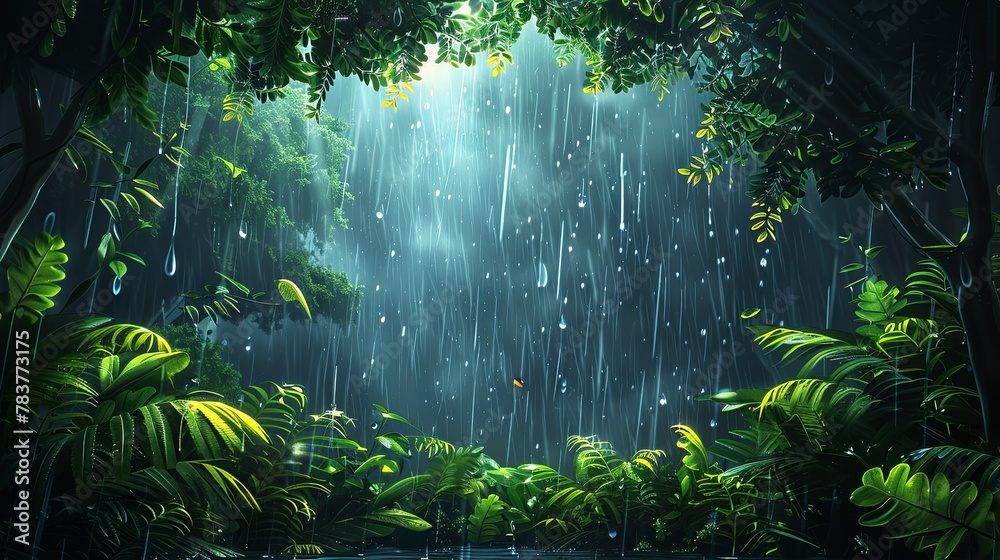 Illustration depicting vibrant and lush tropical rainforest under a dense monsoon rainfall, showcasing nature's tranquility and the lush vitality of a rain-soaked jungle.