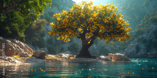 A lemon tree is positioned in the center of a body of water banner photo