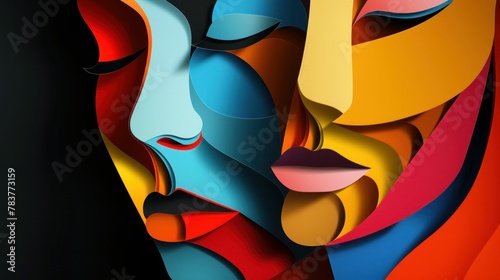 Vibrant paper collage depicting a woman's face overlaid with a man's face in the background