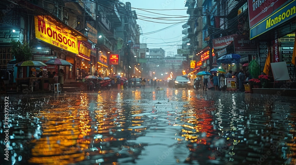 City street during a monsoon evening, illuminated by neon signs with reflections on the wet road, bustling with people under umbrellas.