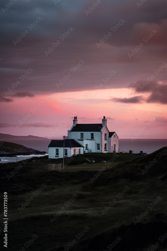 A white house against a dramatic sunset, rugged terrain, ocean view, serene, ethereal glow, solitude, and tranquility