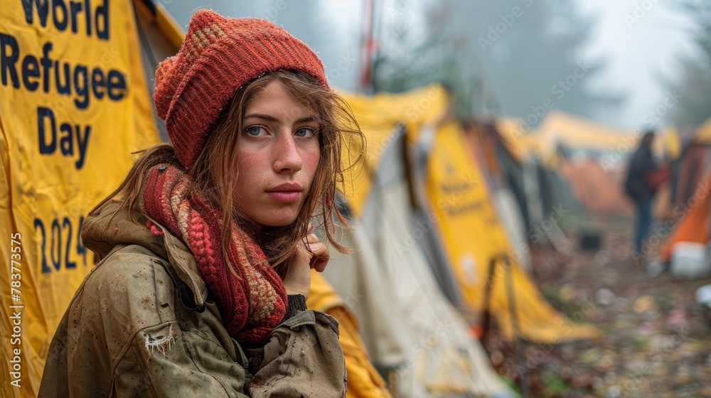 Sad woman with a contemplative gaze stands at a refugee camp, marked by ...