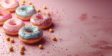 Assorted doughnuts with colorful sprinkles arranged on a pink surface copy space banner