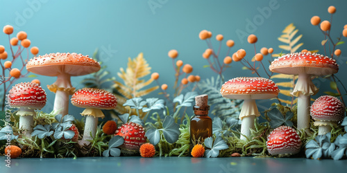 Several mushrooms are clustered on top of a vibrant green field copy space banner