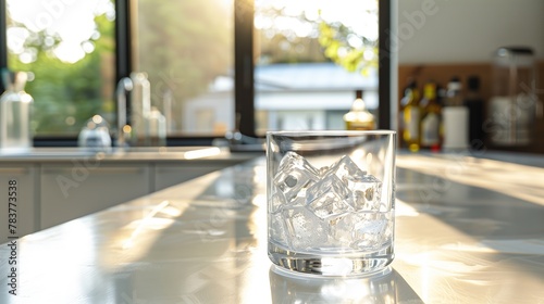 A modern kitchen setting with soft, natural lighting showcases a sleek glass filled with crystal-clear alcohol over ice
