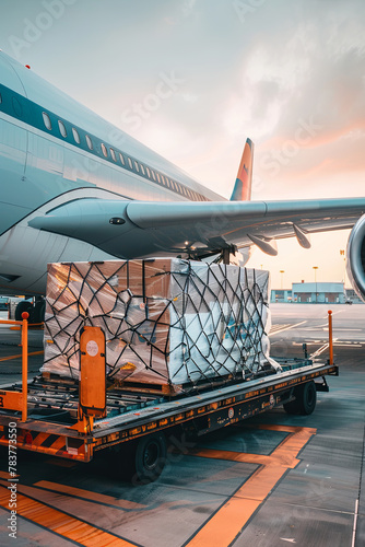 Air cargo logistic containers are loading to an airplane. Air transport shipment prepare for loading to modern freighter jet aircraft at the airport