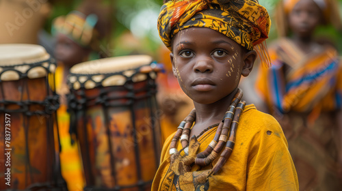 Boy in vibrant traditional African clothing stands proudly before a group of drums. His expression captures the essence of cultural heritage and musical tradition during a festive celebration. photo