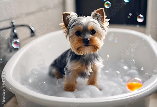 Yorkshire Terrier Puppy Poses Cutely with Glass Companion in Bathroom 