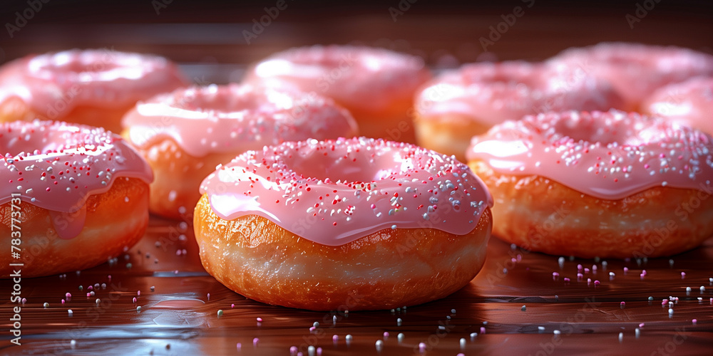 A close-up view of multiple doughnuts with pink icing on top banner A close-up view of multiple doughnuts with pink icing on top banner