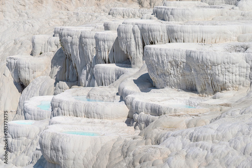 Pamukkale is a natural site in Denizli Province in southwestern Turkey. The area is famous for a carbonate mineral left by the flowing of thermal spring water.	
