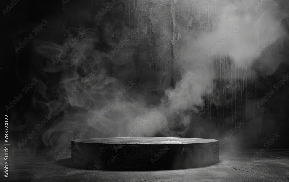 Gray textured concrete platform podium or table with smoke in the dark Gray textured concrete platform podium or table with smoke in the dark