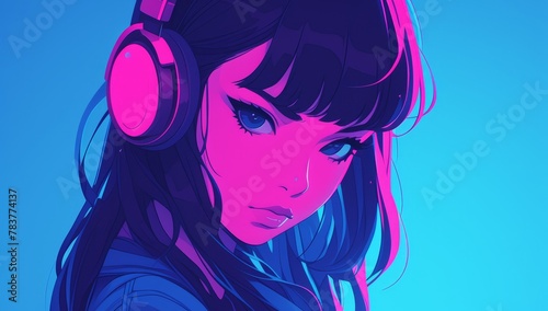 Beautiful girl with headphones  minimalistic anime style