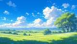 Blue sky, white clouds and green grass, trees in the distance, sunlight shining on them, flying leaves dancing in the wind