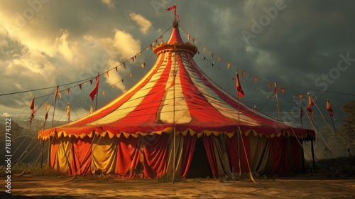 Vintage circus tent in an open field with dramatic clouds