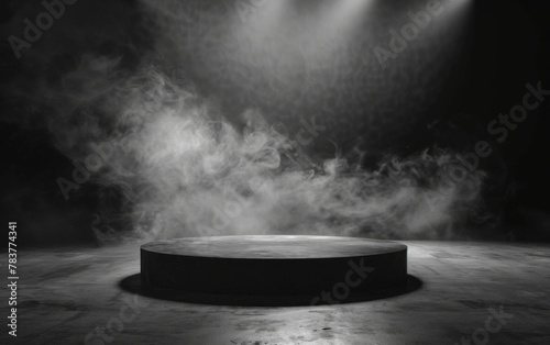 Gray textured concrete platform podium or table with smoke in the dark