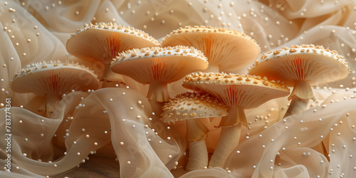A cluster of mushrooms sitting on a white fabric