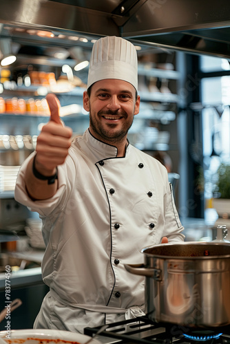 Male chef gesturing thumbs up next to a stove in a shop photo